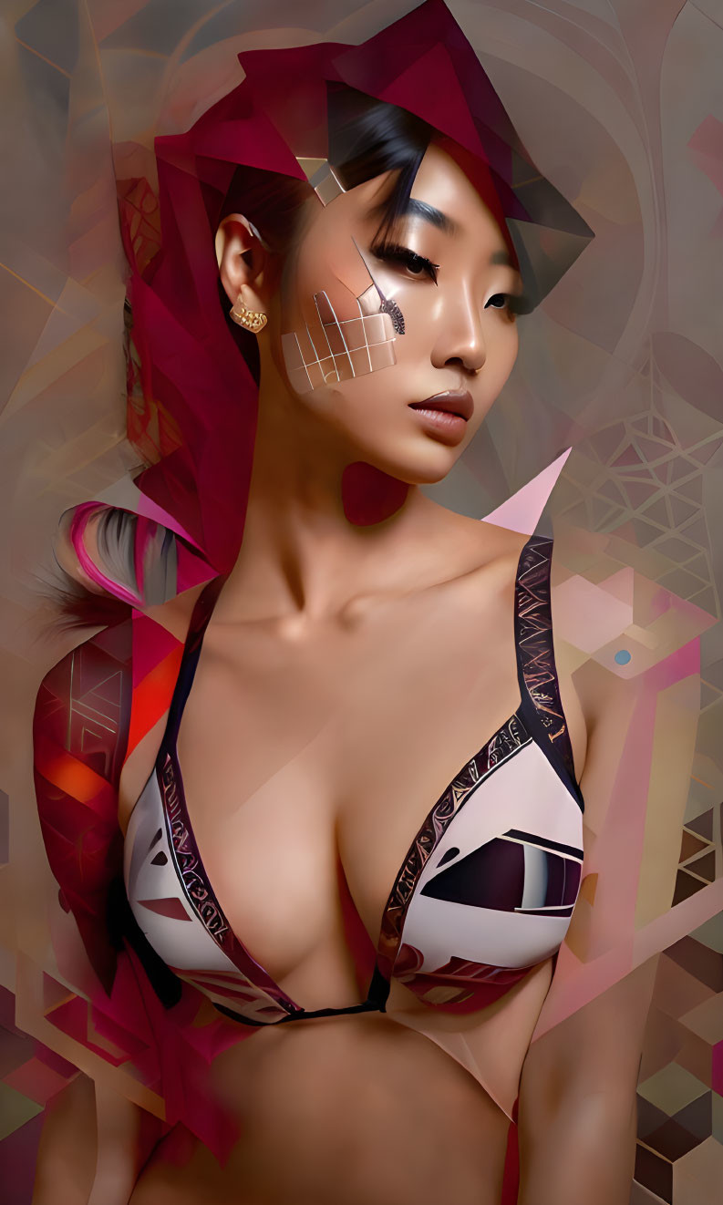 Woman with edgy makeup in geometric bikini top against abstract backdrop