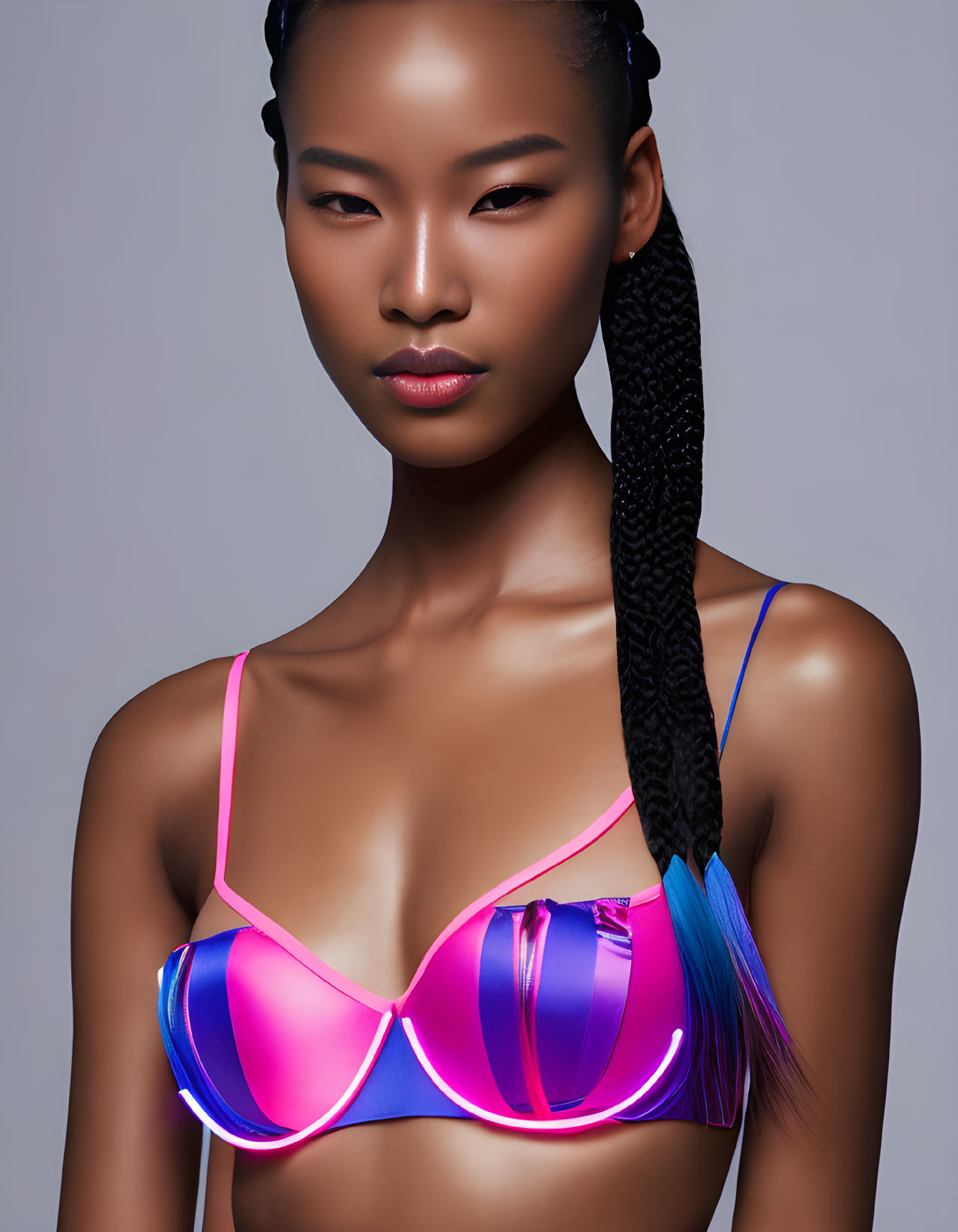 Woman with Braided Hair in Metallic Bikini Under Studio Lighting