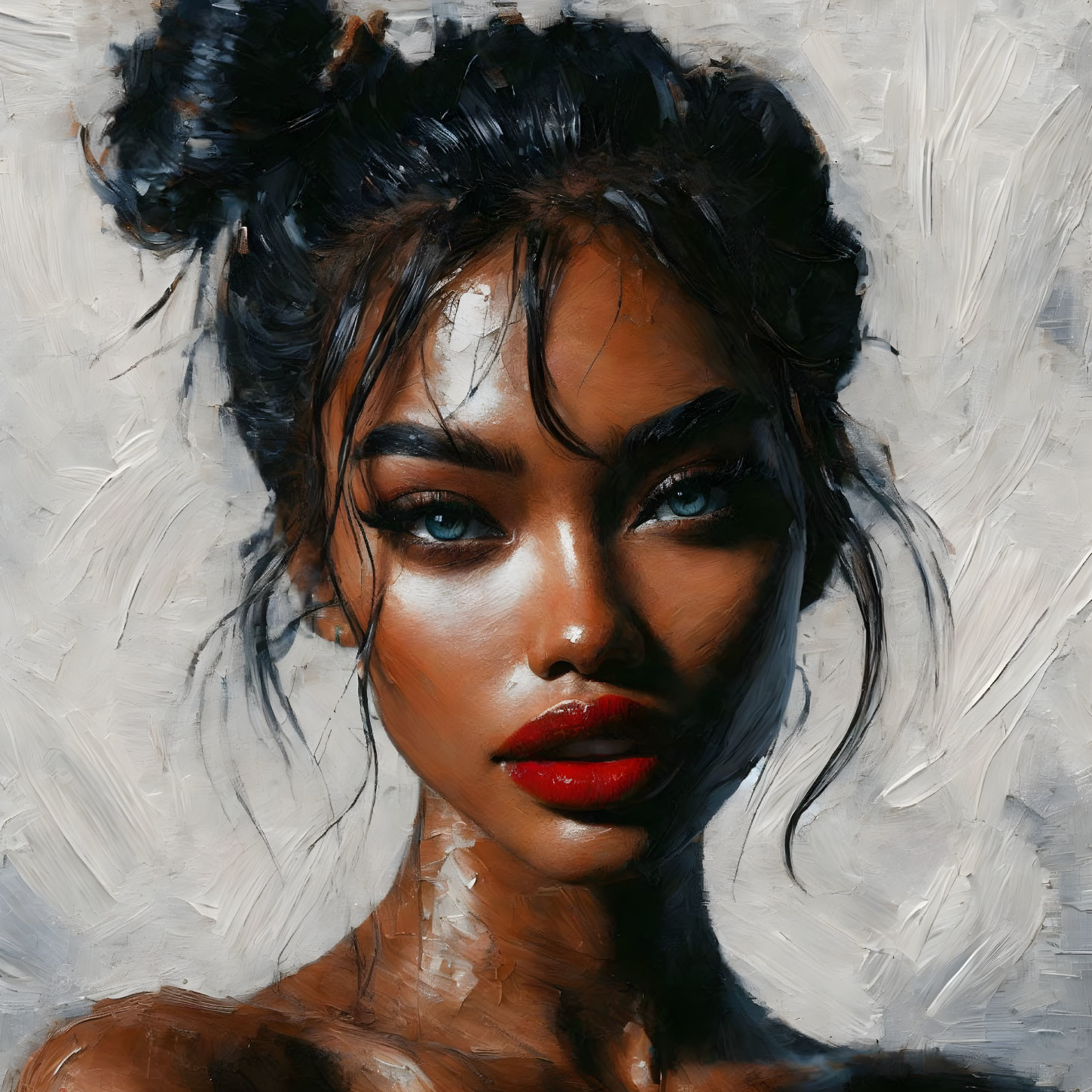 Textured painting of a woman with top bun, bold eyebrows, cheekbones, and red lips,