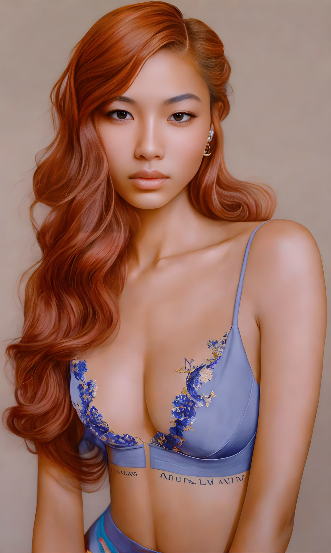 Digital portrait of woman with long auburn hair in blue lingerie top