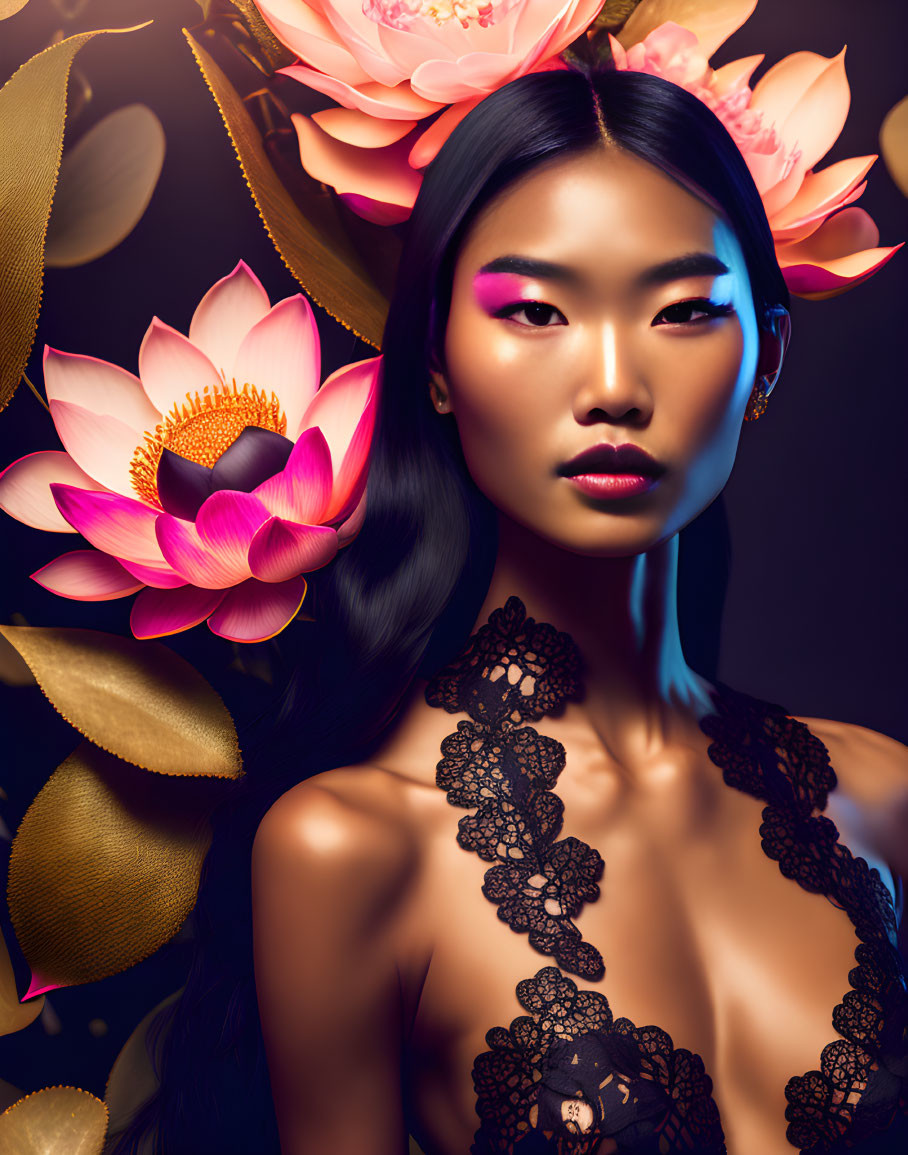 Striking makeup woman with vibrant lotus flowers and golden leaves on dark background