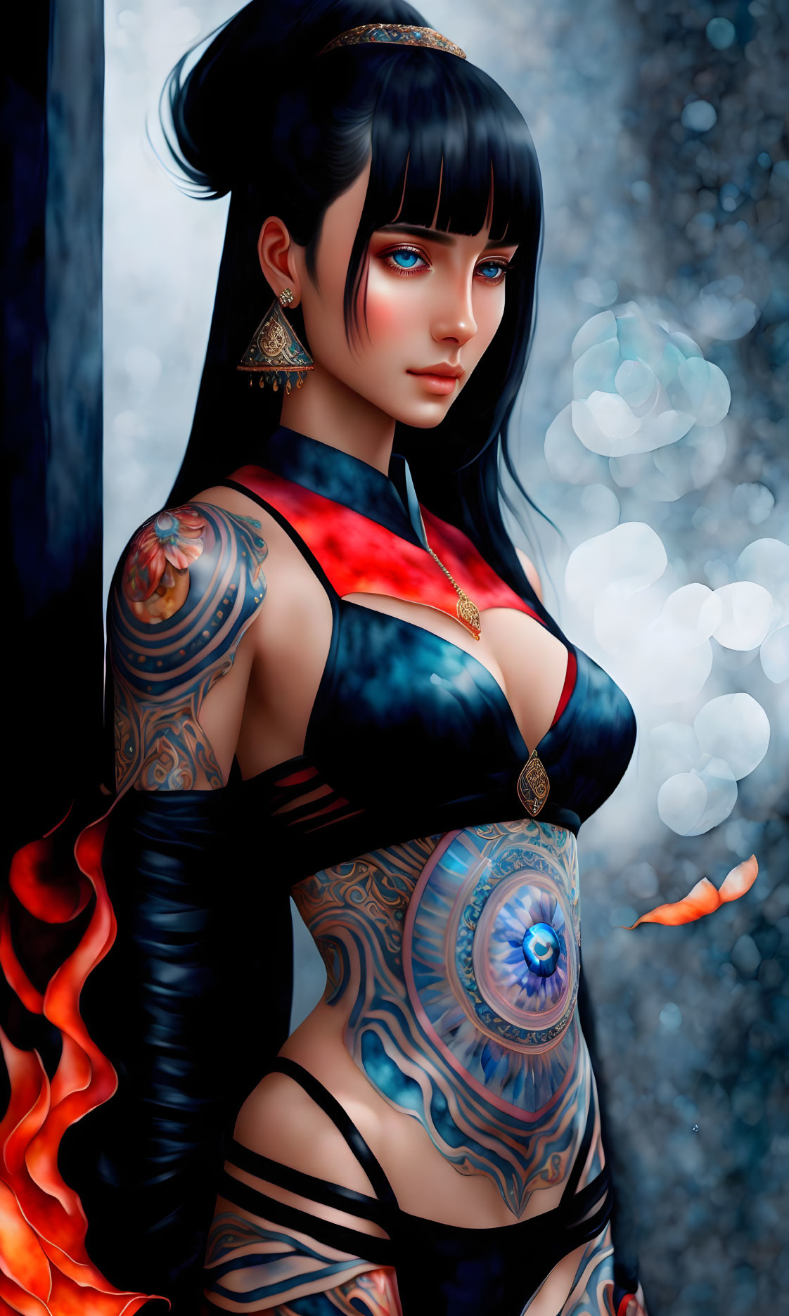 Digital artwork: Woman with blue eyes, black hair, tattoos, red & black clothing on blurred background