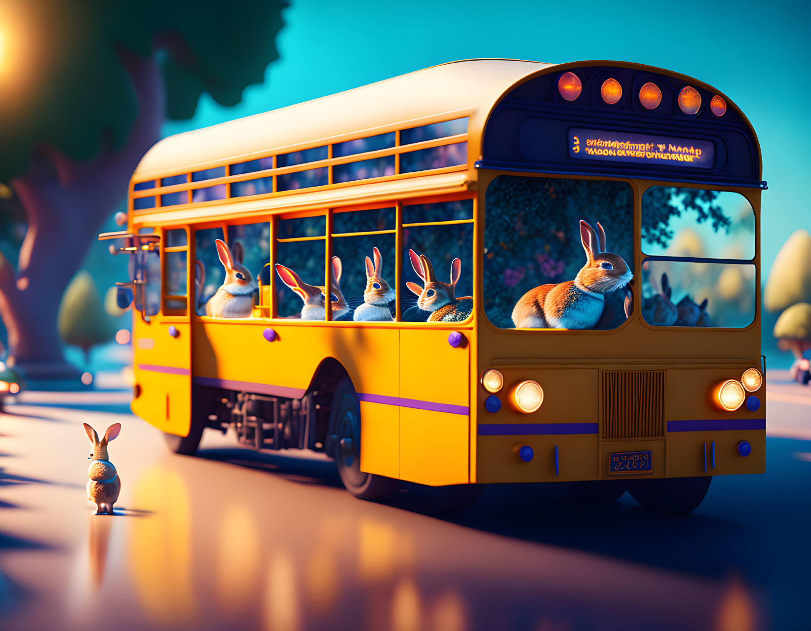 Rabbits on Yellow School Bus in Sunset Scene