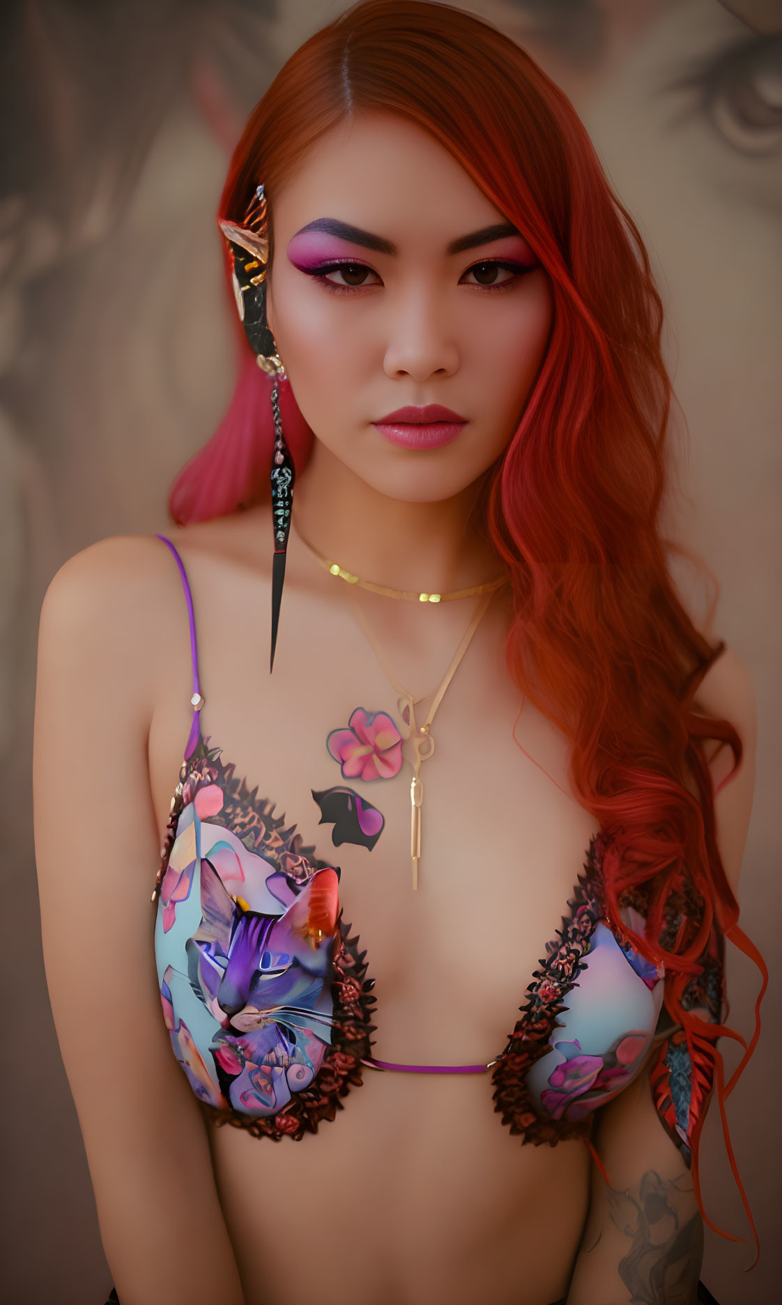 Red-haired woman in colorful bralette and feather earring against neutral backdrop