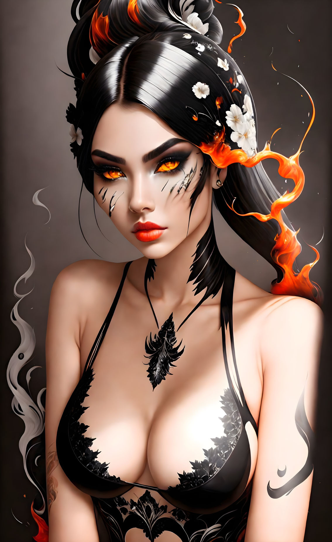 Stylized digital portrait of a woman with black and silver hair, floral adornments, fiery accents