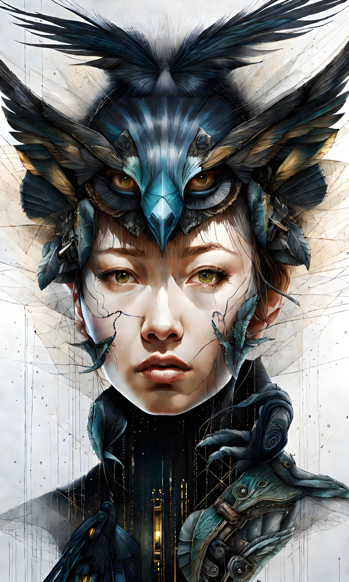 Digital artwork featuring person with green eyes in bird-themed headdress