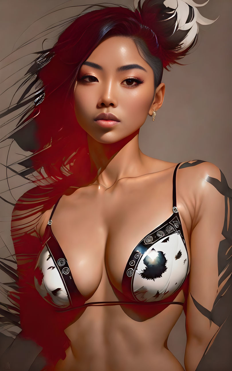 Woman with mystical eye design on bikini top, red hair highlights, tattoos on shoulder and arm in digital