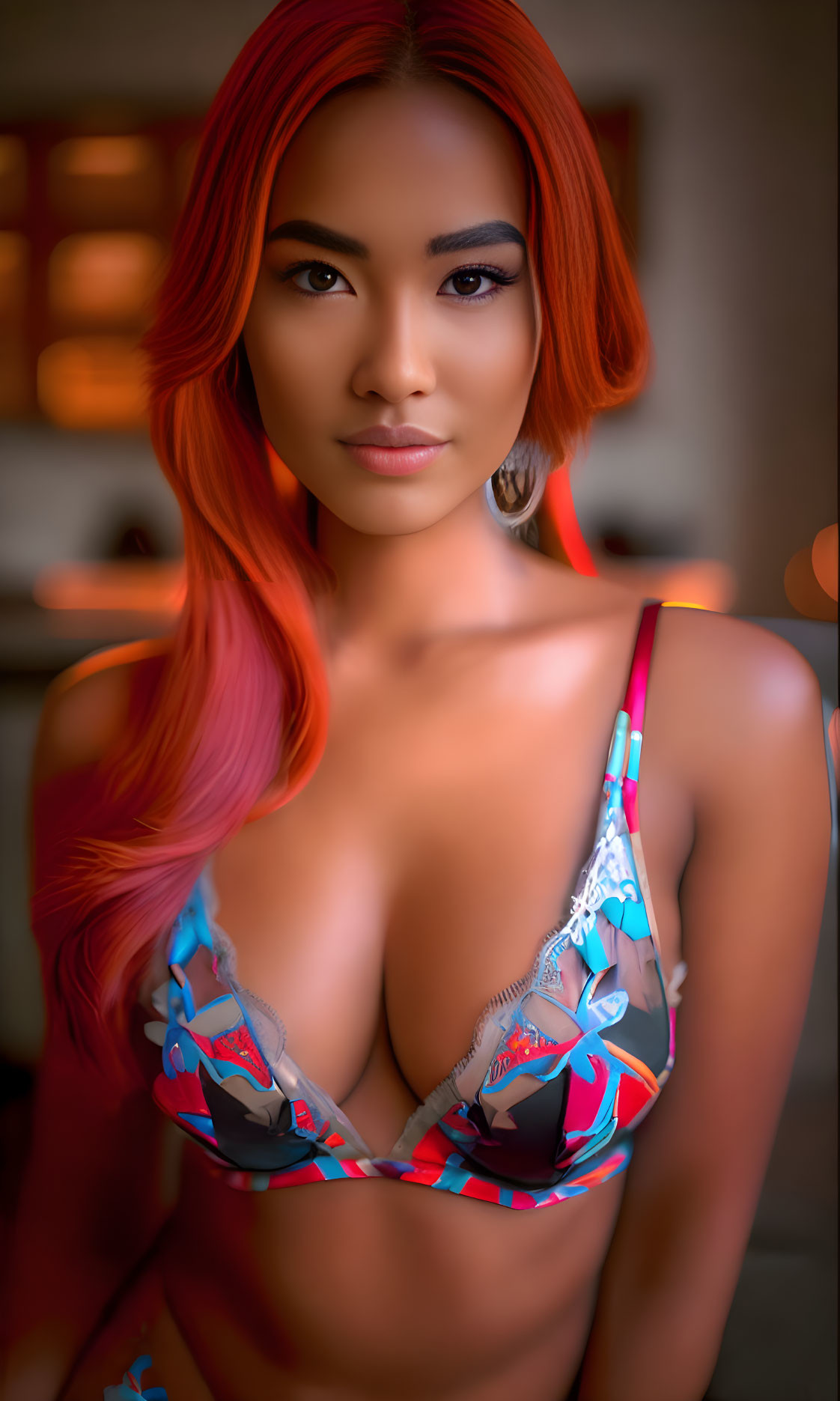 Red-haired woman in patterned bikini posing confidently with warm, blurry background