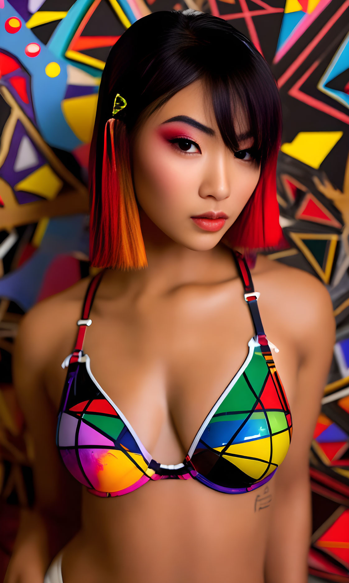 Ombre-haired woman in vibrant bikini top on colorful geometric background