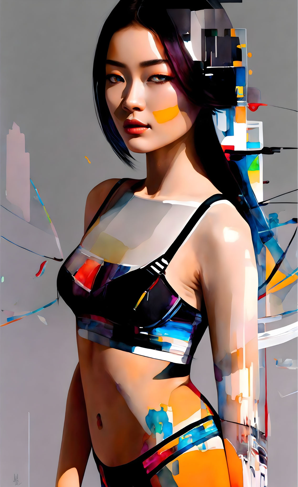 Colorful Stylized Woman Artwork with Fragmented Elements on Grey Background