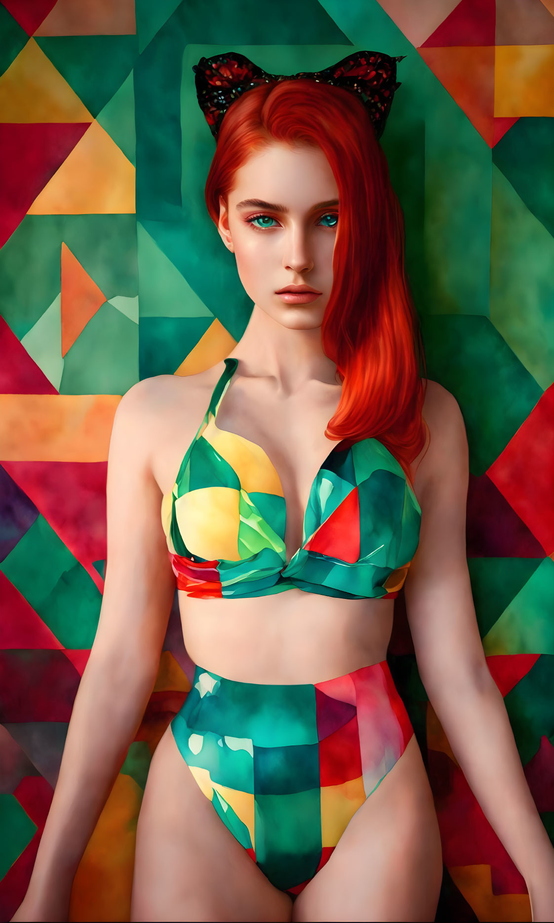 Red-Haired Woman with Cat Ears in Colorful Geometric Setting