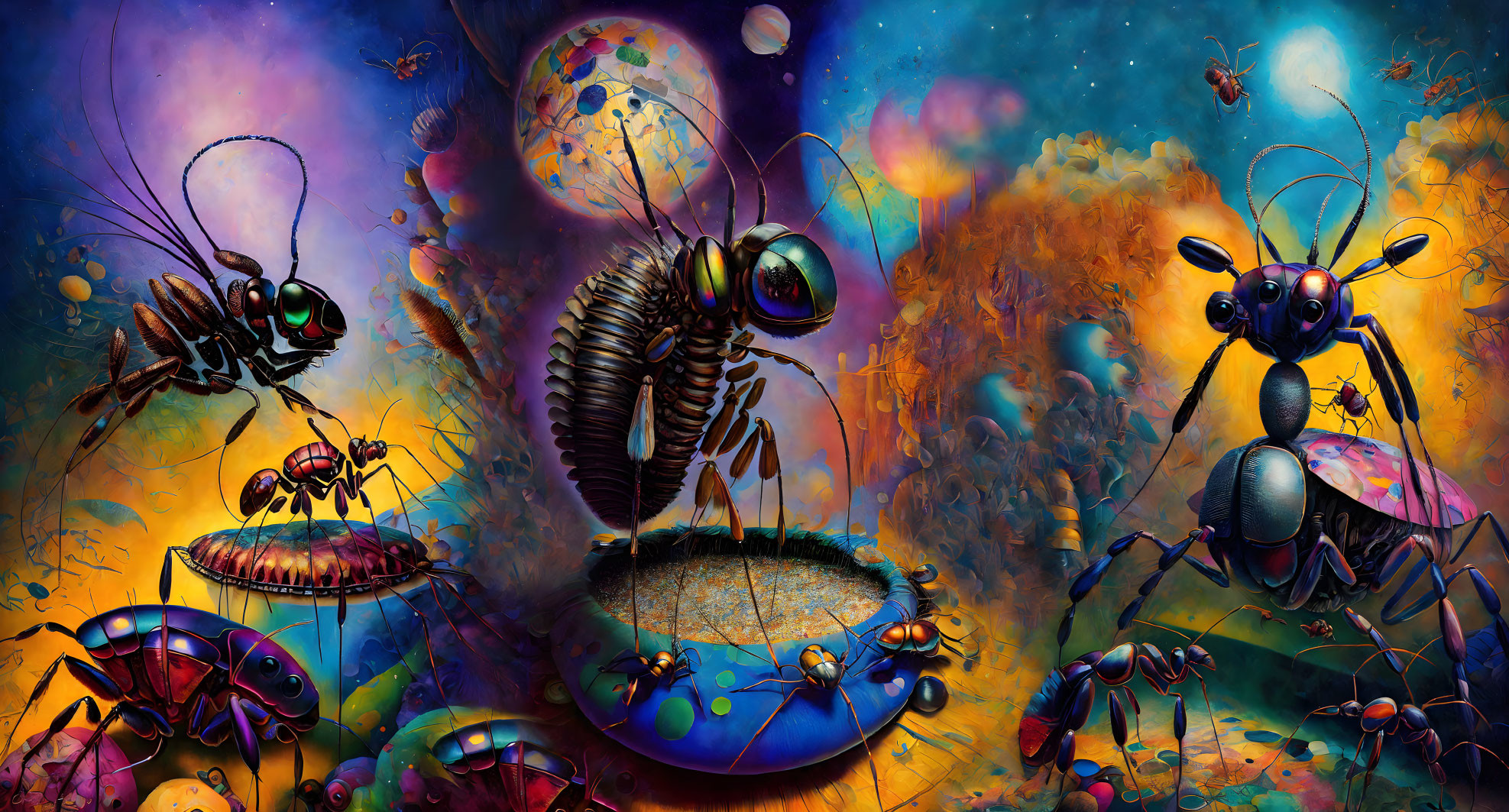 Colorful surreal artwork featuring enlarged insects in a fantasy landscape.