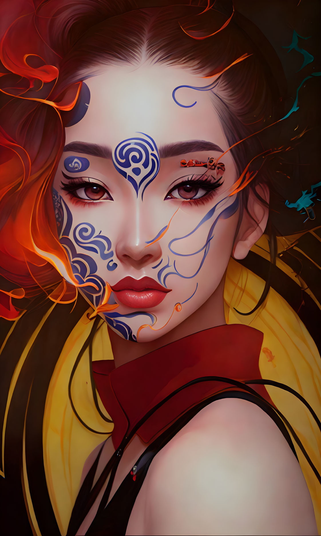 Intricate blue face patterns on woman with fiery red and orange hair, against dark background