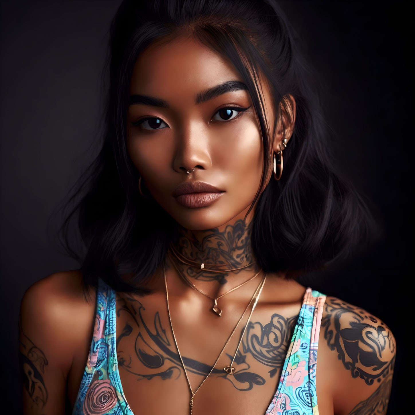 Digital portrait of woman with neck and arm tattoos, tank top, and jewelry on dark background