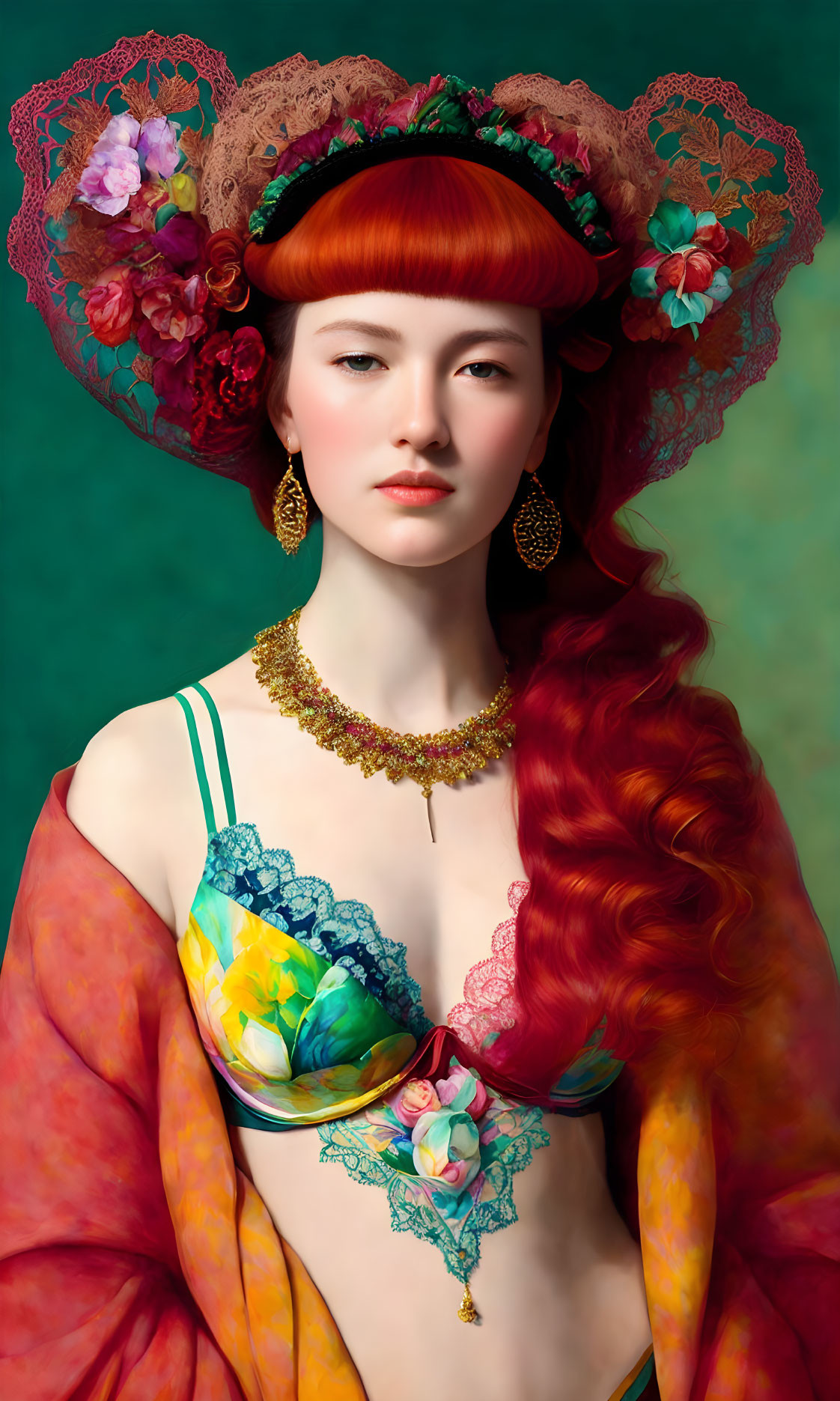 Woman with Red Hair and Floral Headwear in Colorful Attire