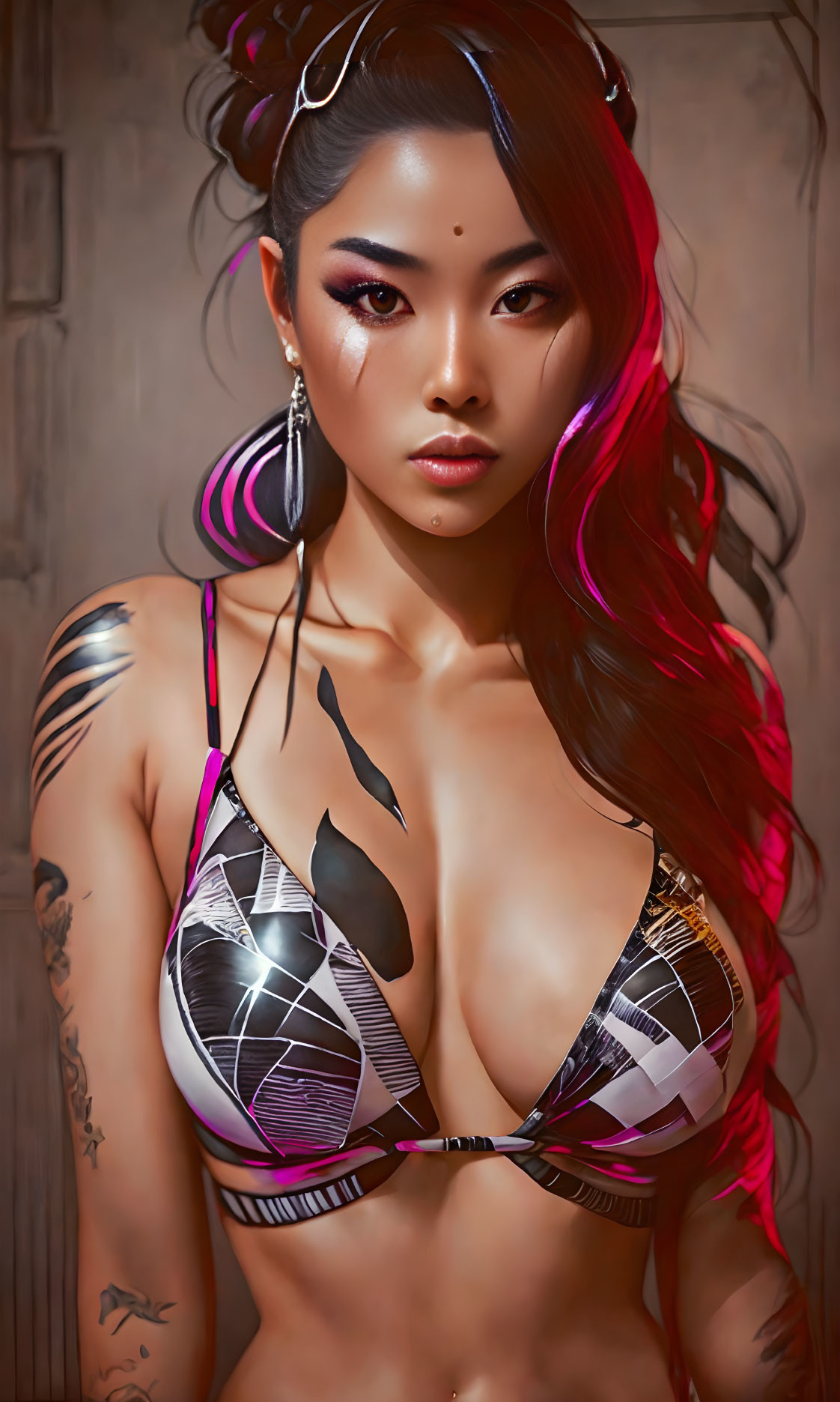 Woman with bikini body paint and bold makeup, red-streaked hair, and hoop earrings.