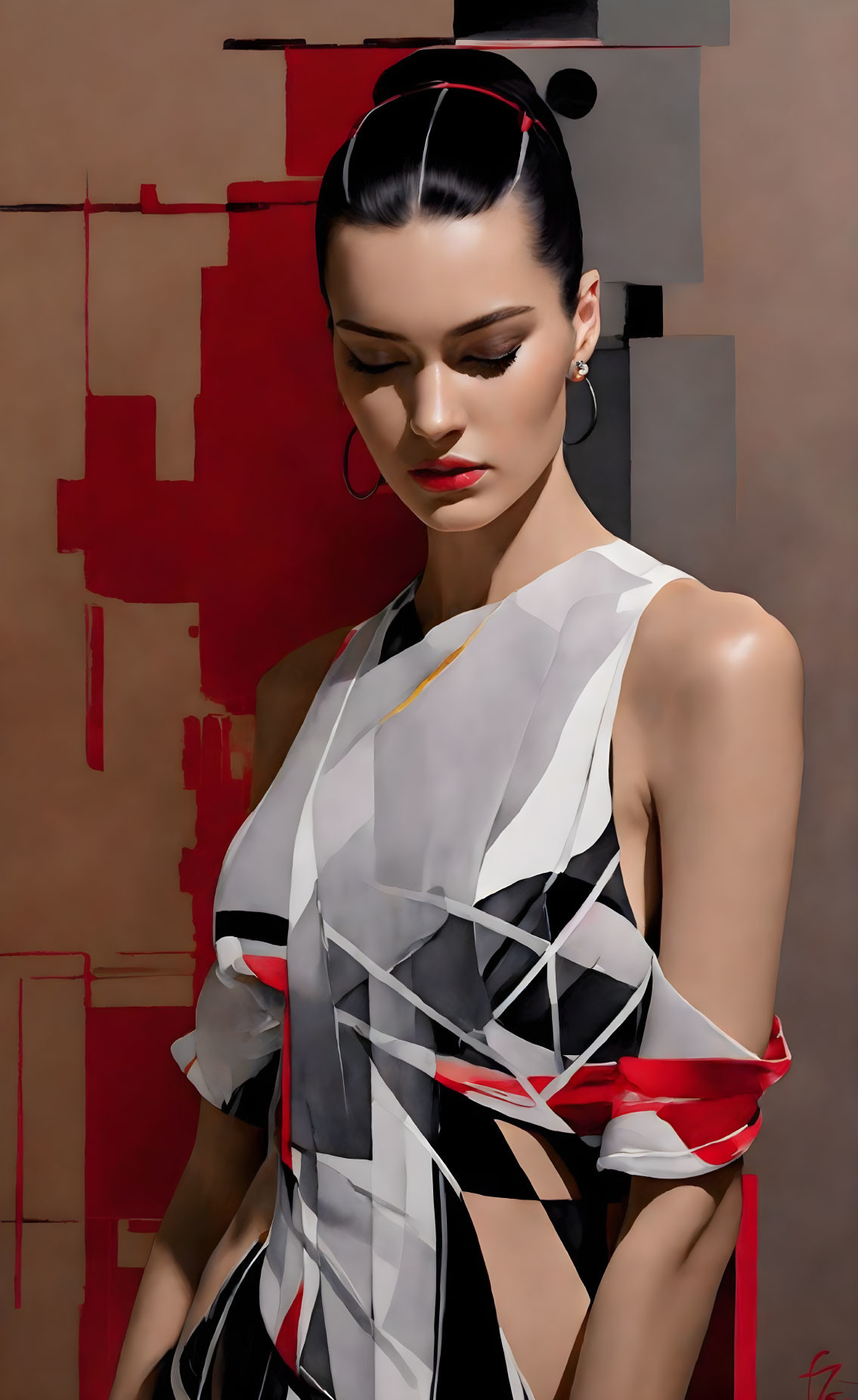 Dark-haired woman in bun with geometric outfit on abstract background