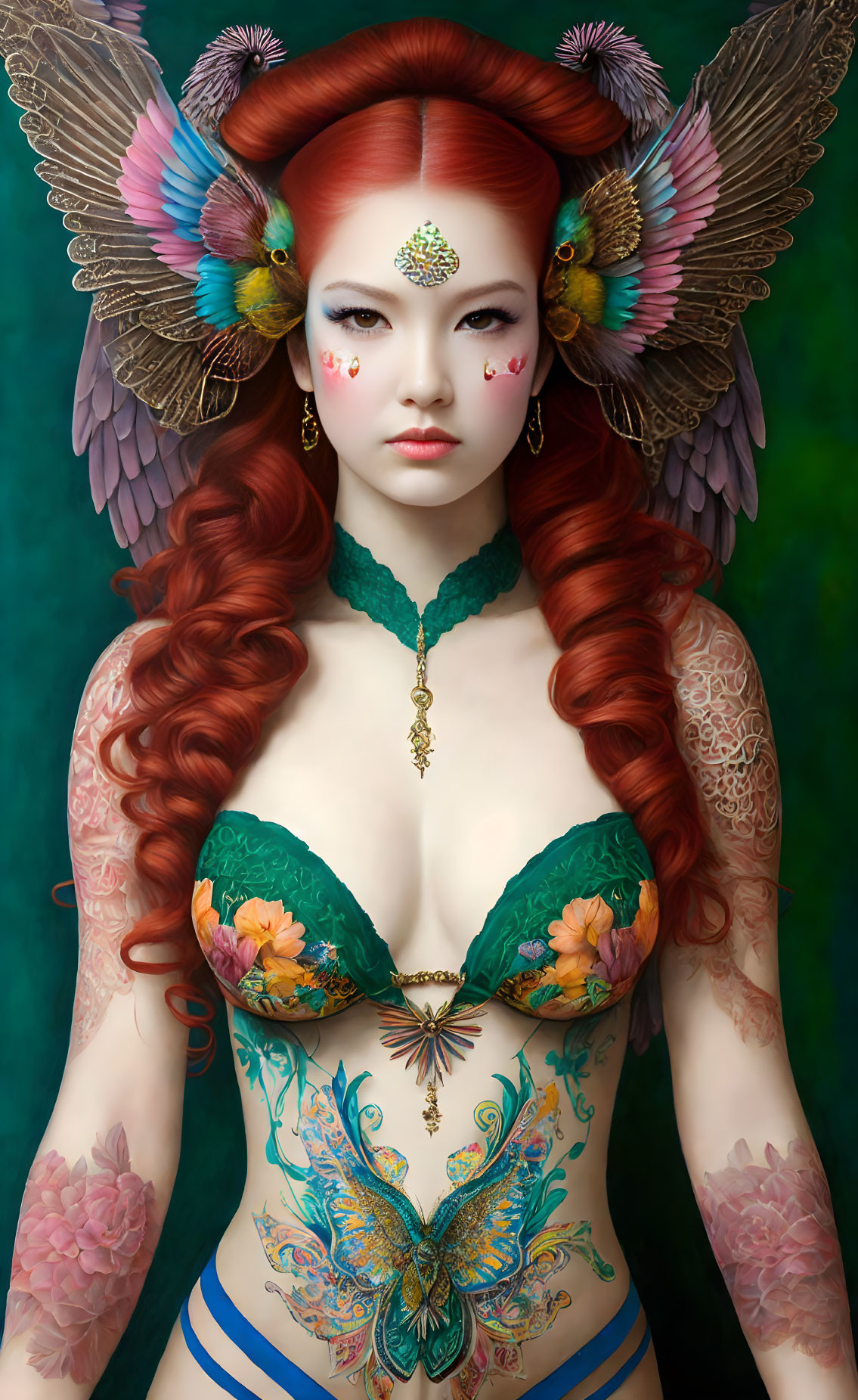 Vibrant red-haired woman with feathered headwear and intricate tattoos