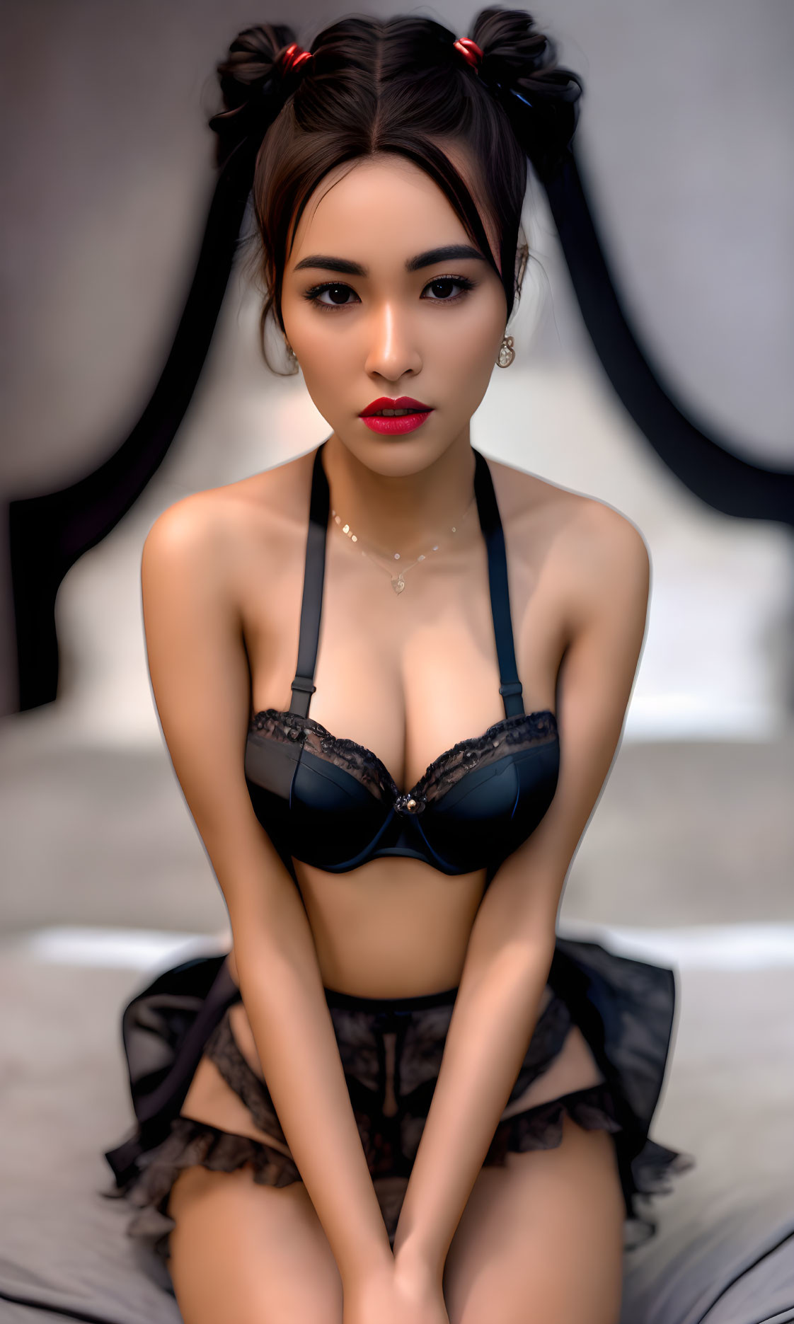 Woman with Two Buns Hairstyle in Black Lingerie Pose