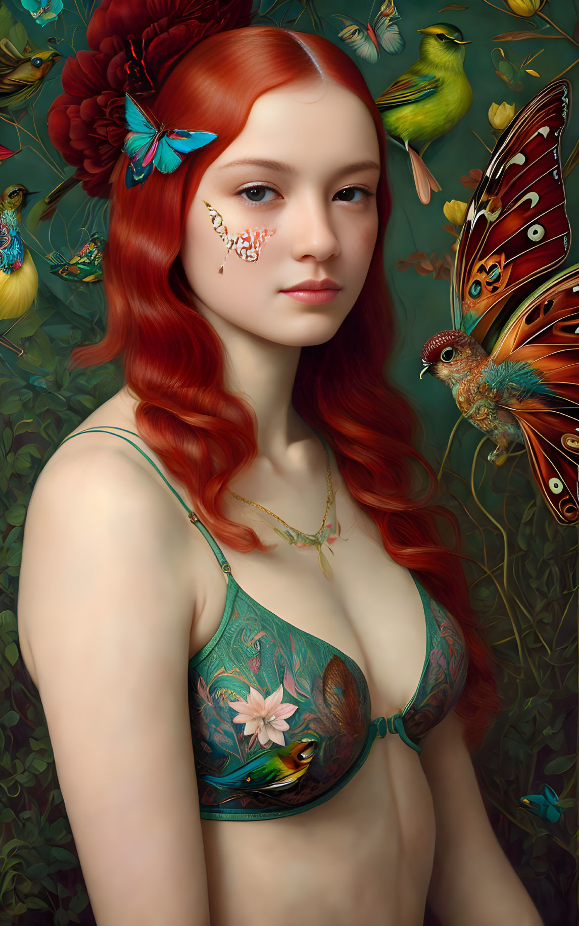 Digital Artwork: Red-Haired Woman with Butterfly Surrounded by Birds and Flowers