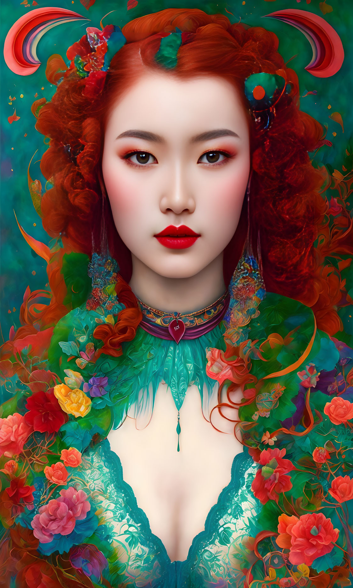 Vibrant red-haired woman portrait with floral elements on vivid background