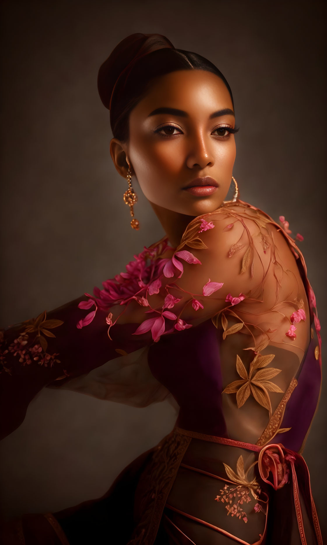 Portrait of woman with elegant updo, maroon outfit, floral embroidery, and intense gaze.