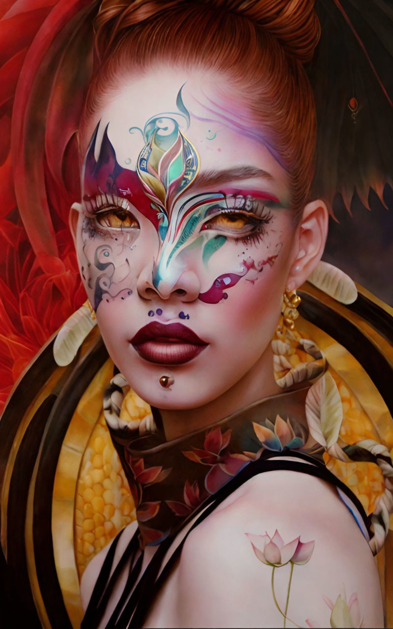 Vibrant digital artwork of woman with intricate face painting and butterfly motif