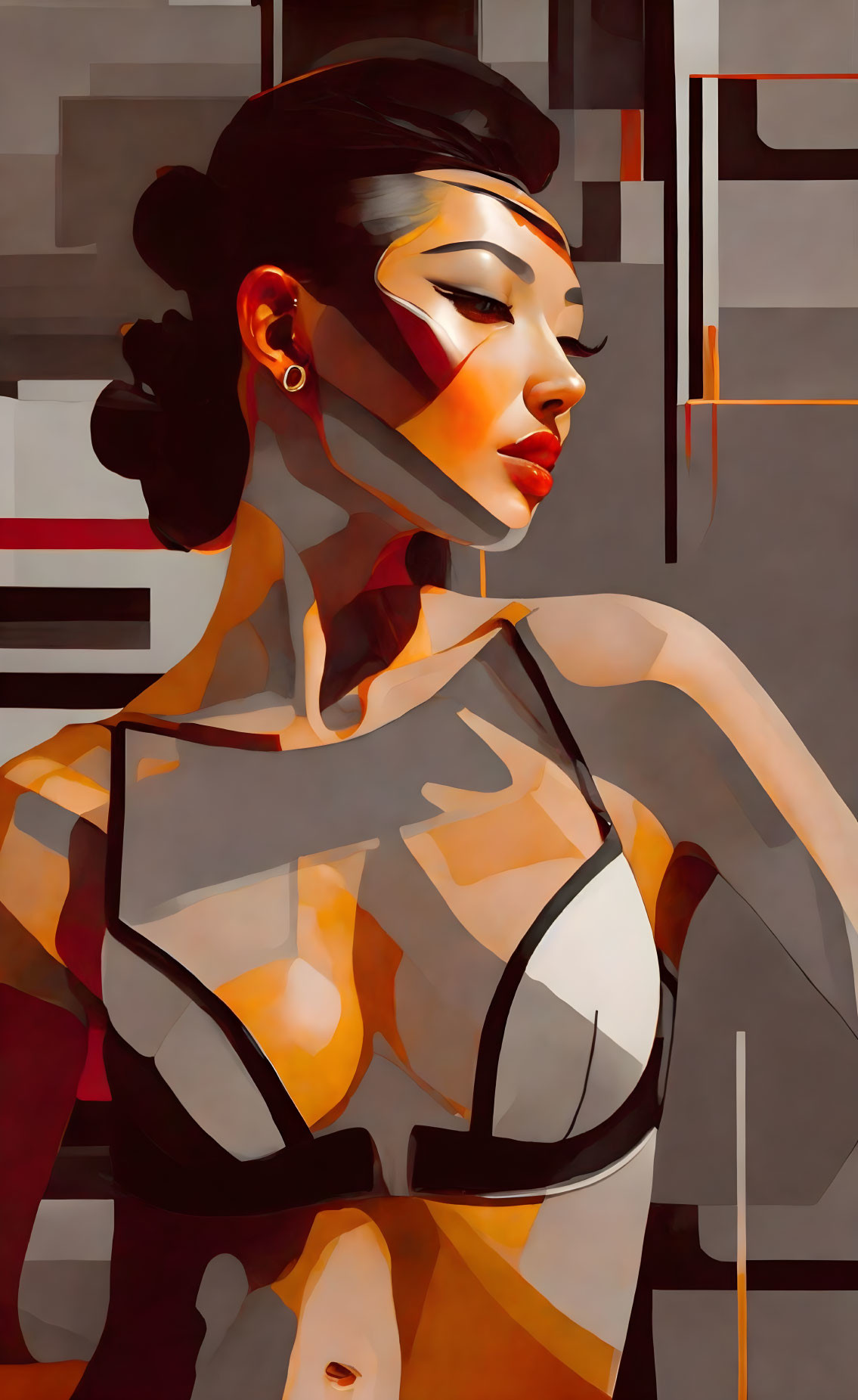 Abstract geometric portrait of a woman with sleek hairstyle in red, black, and beige tones