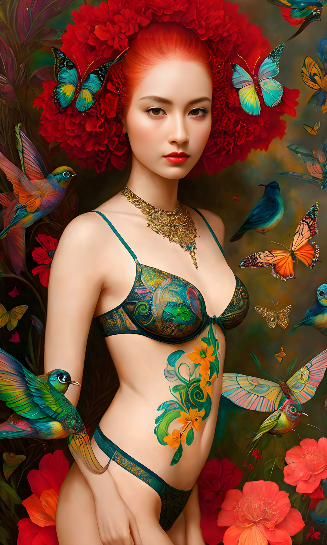 Stylized digital painting of woman with red hair and floral adornments surrounded by birds and butterflies in