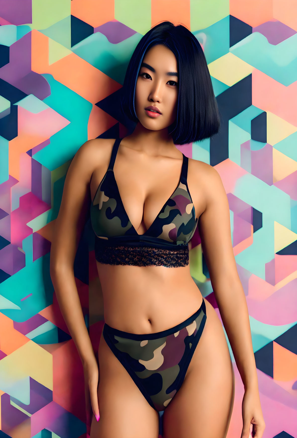 Woman in camo lingerie against colorful geometric backdrop