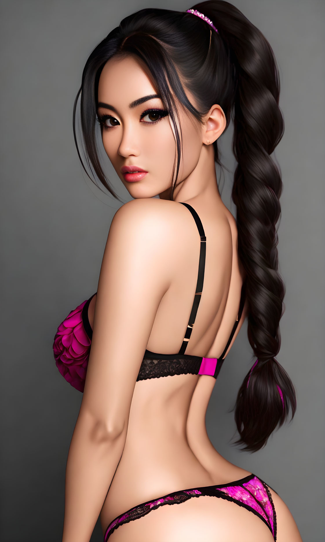 Digital portrait of woman with braided ponytail in pink lingerie on gray background