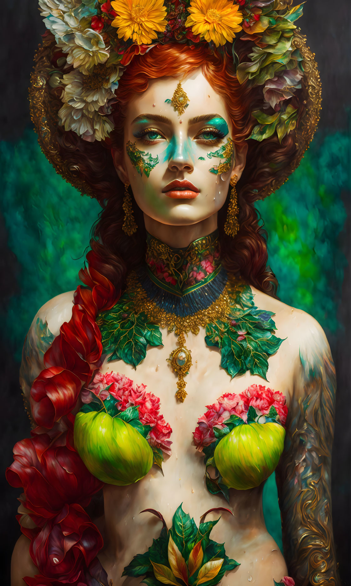 Portrait of person with red hair, floral crown, green eye makeup, flower chest, botanical tattoos