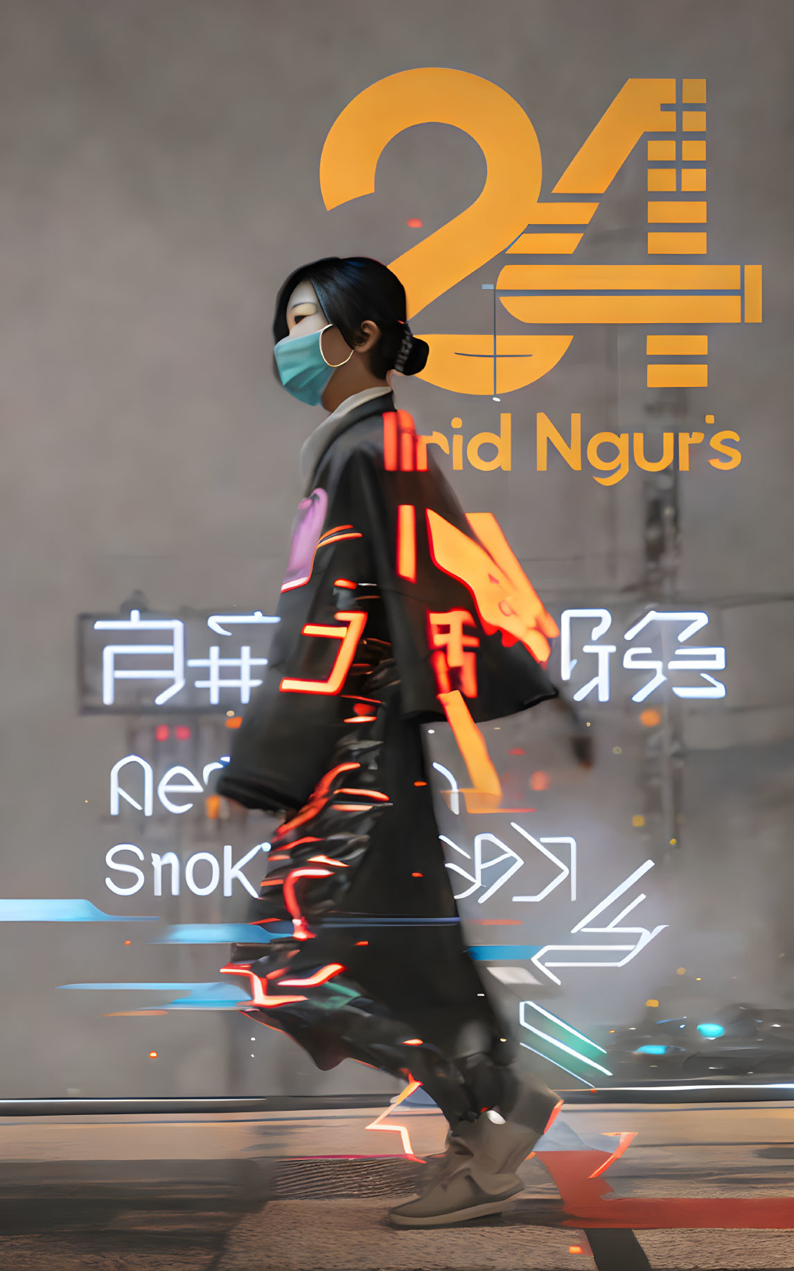 Futuristic image of person with neon signs, mask, black jacket & cyberpunk vibe