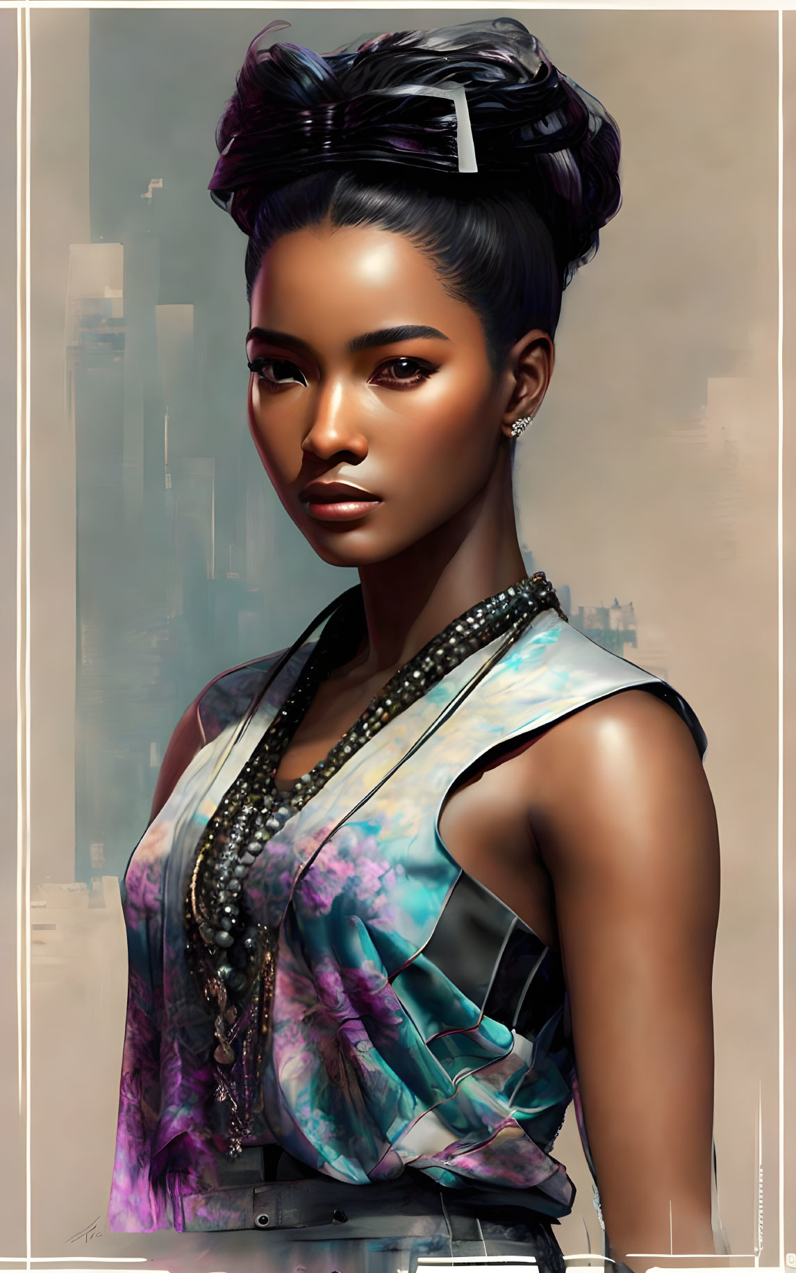 Digital illustration: Woman with updo, floral vest, beads, blurry cityscape.