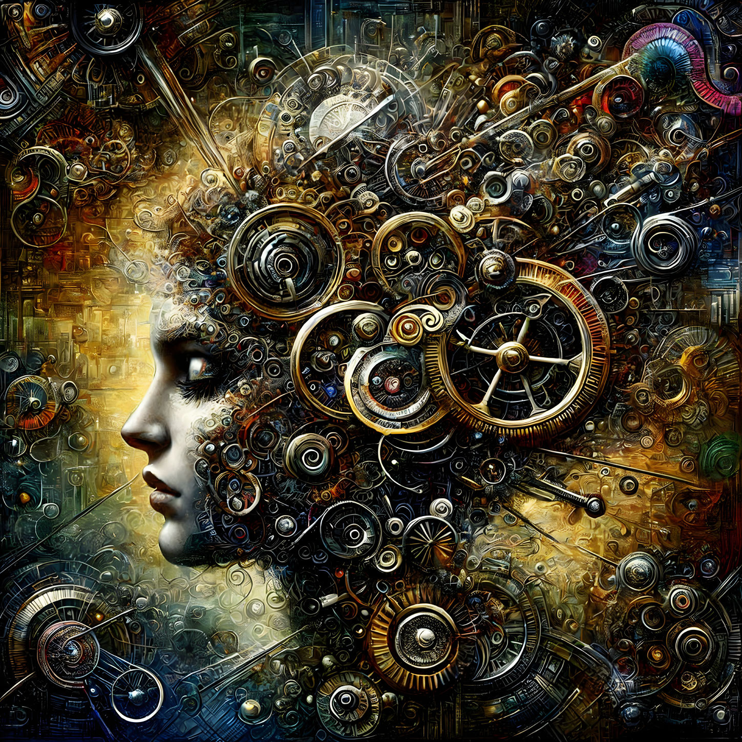 Surreal side-profile human face with steampunk gears