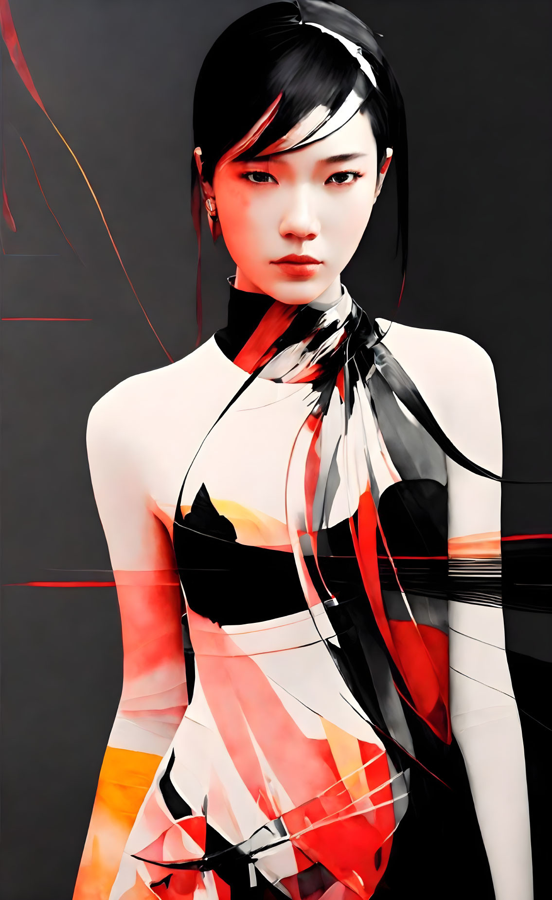 Abstract digital artwork: Female figure in modern dress with red and black patterns