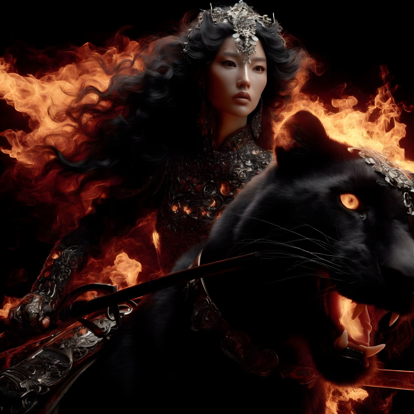 Regal woman in ornate armor riding black panther with fiery background