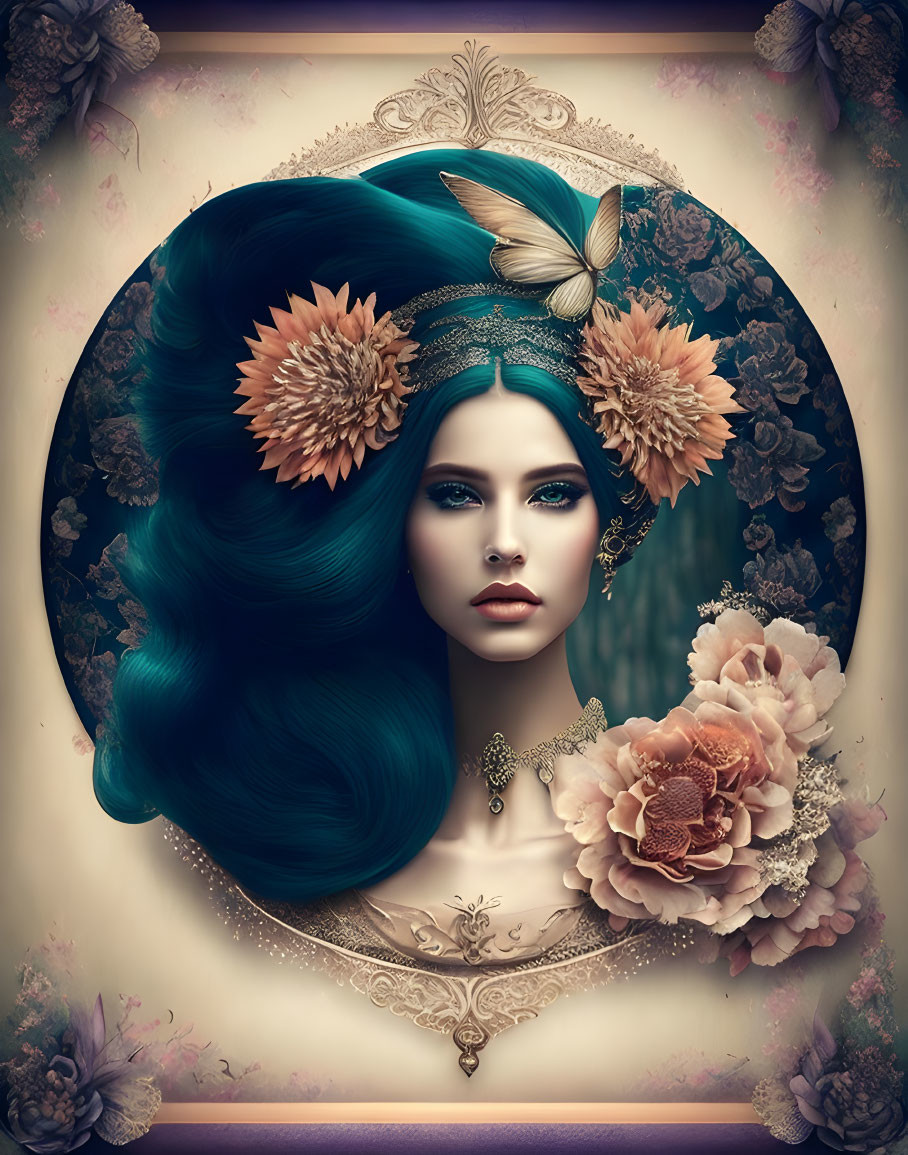 Digital artwork: Woman with teal hair, flowers, butterflies, vintage jewelry, oval frame