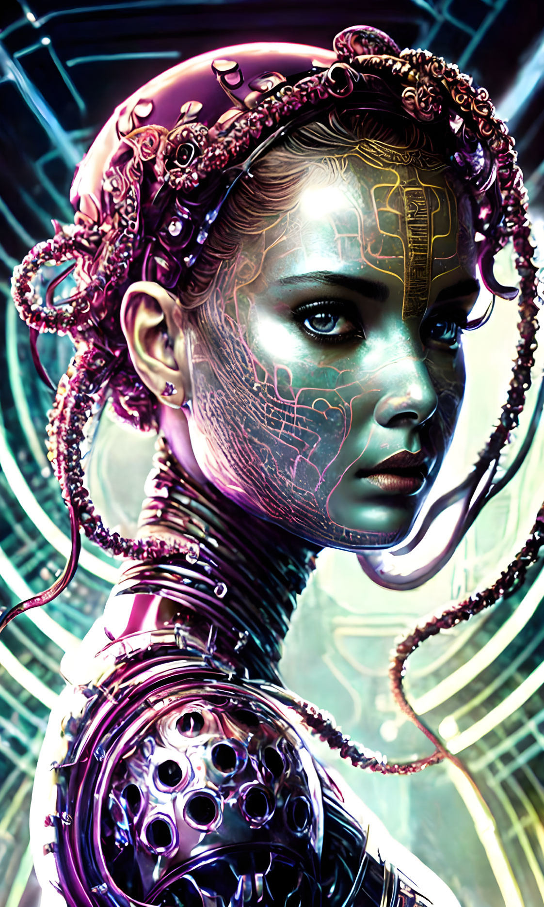 Female cyborg digital artwork with vibrant neon colors