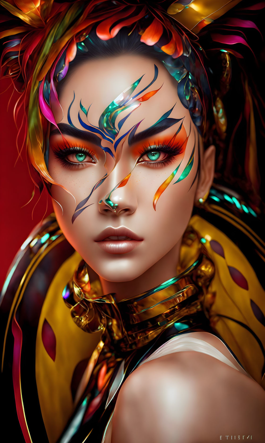 Vibrant digital portrait of a woman with butterfly-inspired makeup