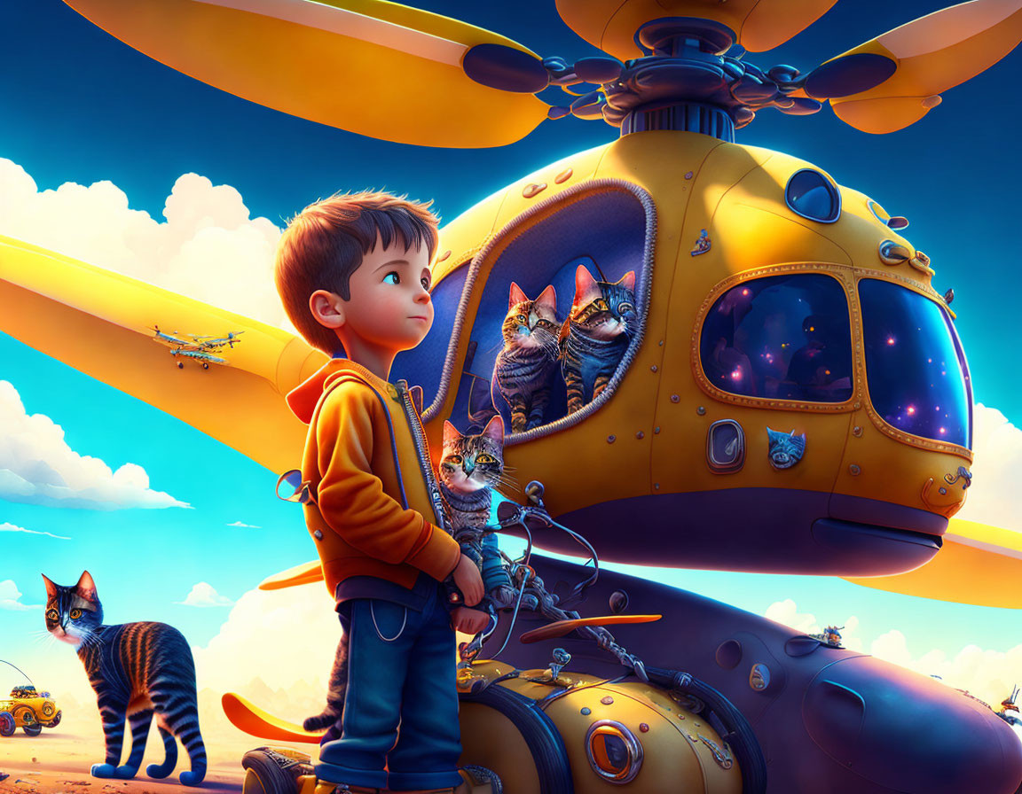 Boy with Cats Observing Yellow Submarine-Style Helicopter in Vibrant Sky