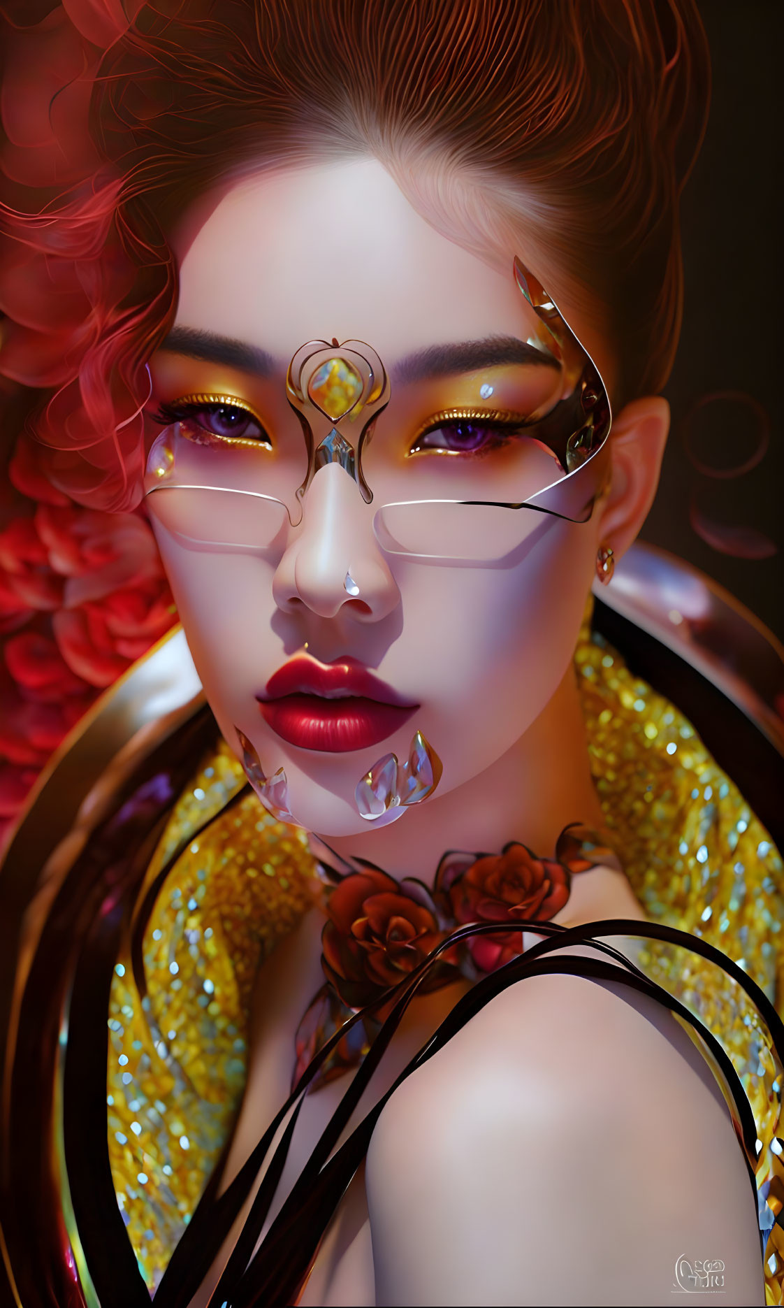 Digital artwork featuring woman with stylized makeup, ornate glasses, red flowers, and golden adornments