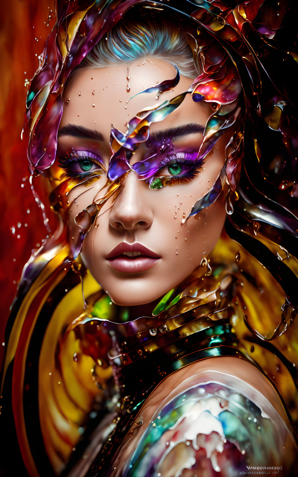 Colorful digital portrait of a woman with exaggerated makeup and abstract shapes