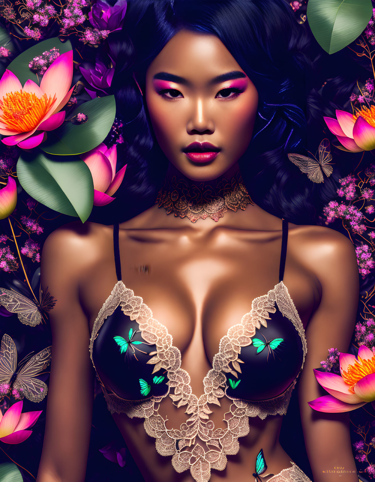 Asian woman with bold makeup, lotus flowers, and butterflies portrait illustration.