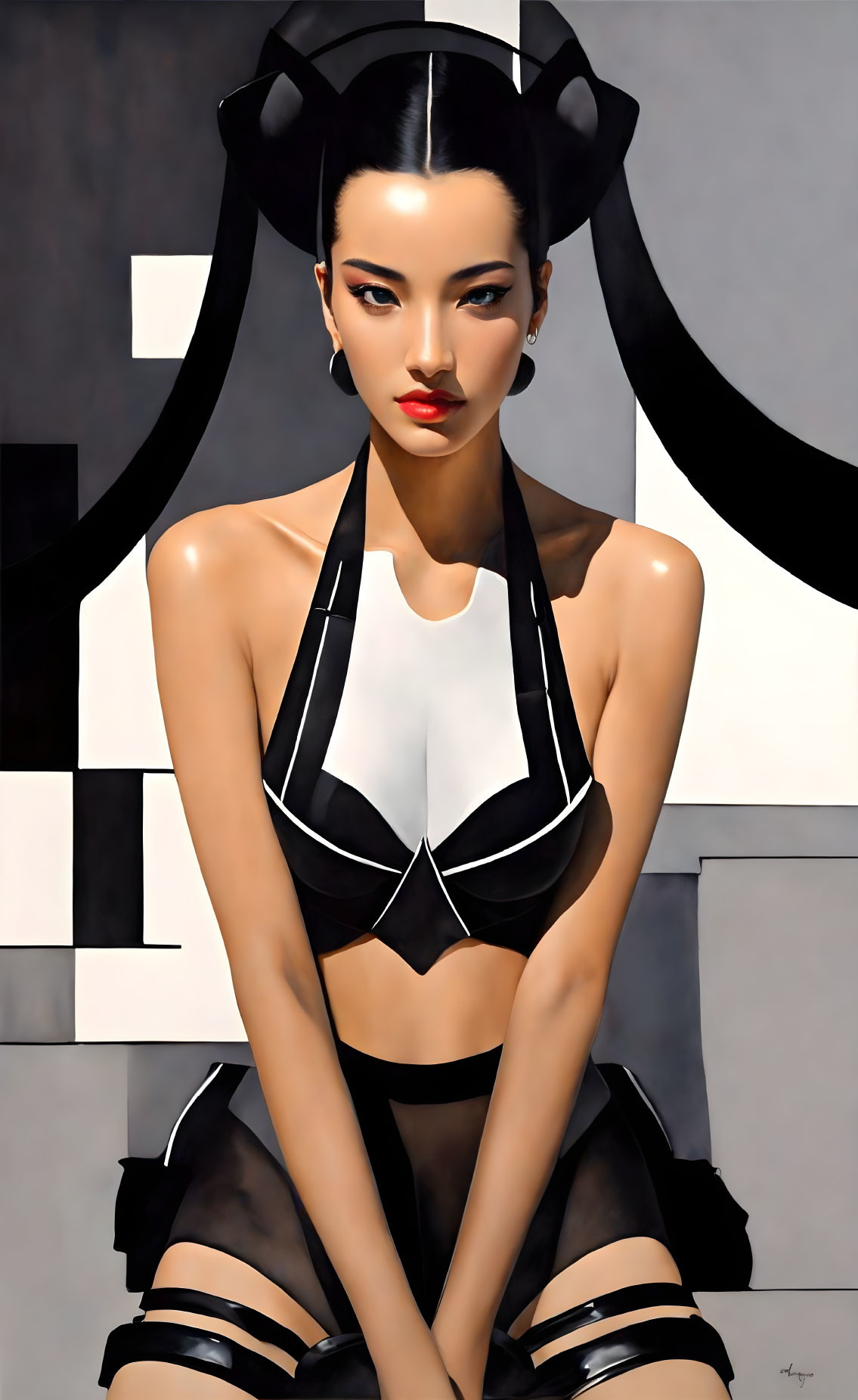 Digital artwork: Woman with twin buns in black & white outfit, abstract geometric background