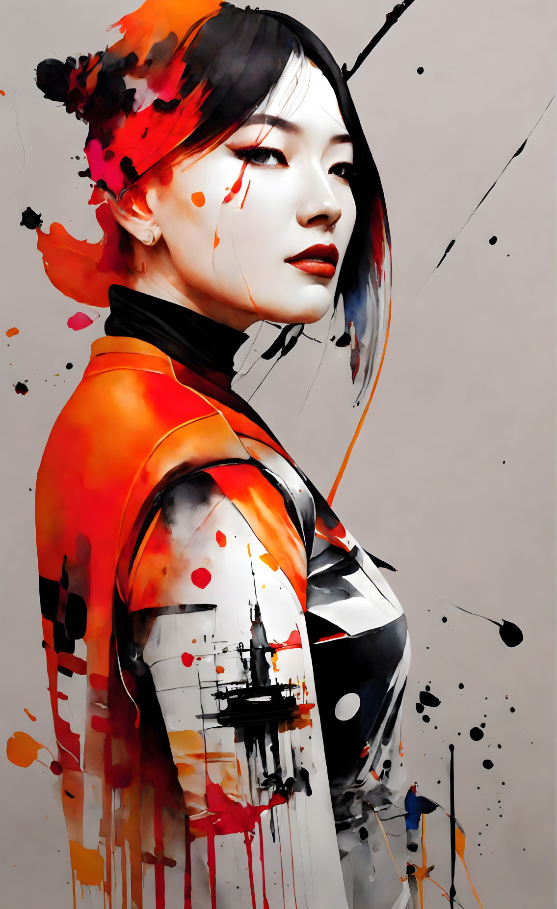 Vibrant Orange and Black Splattered Paint Effects on Woman Artwork