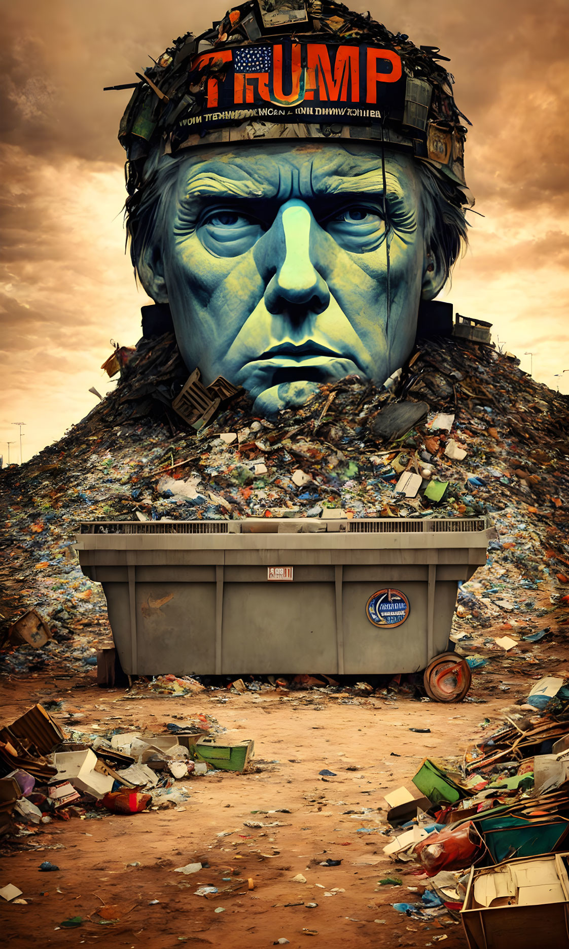 Man's stern face in dumpster with "TRUMP" headband, cloudy sky