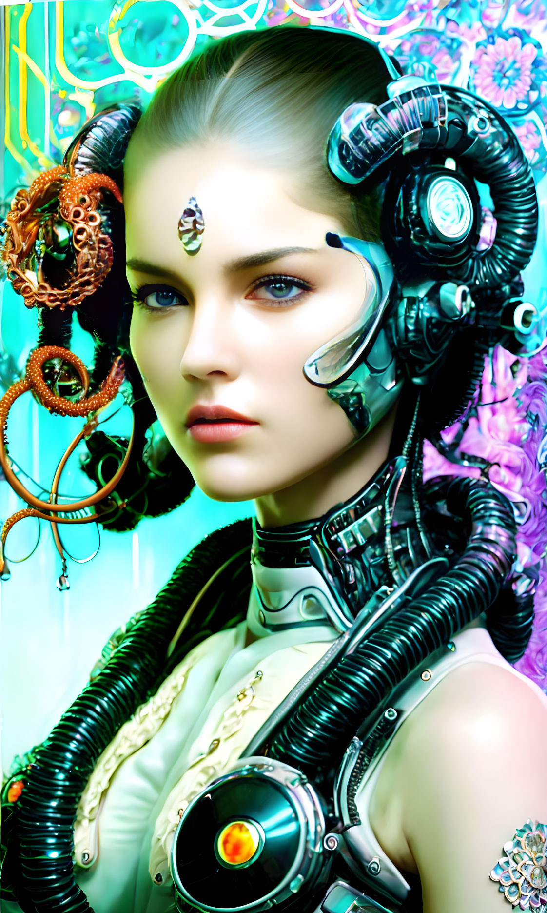 Cybernetic woman with intricate enhancements on vibrant floral backdrop