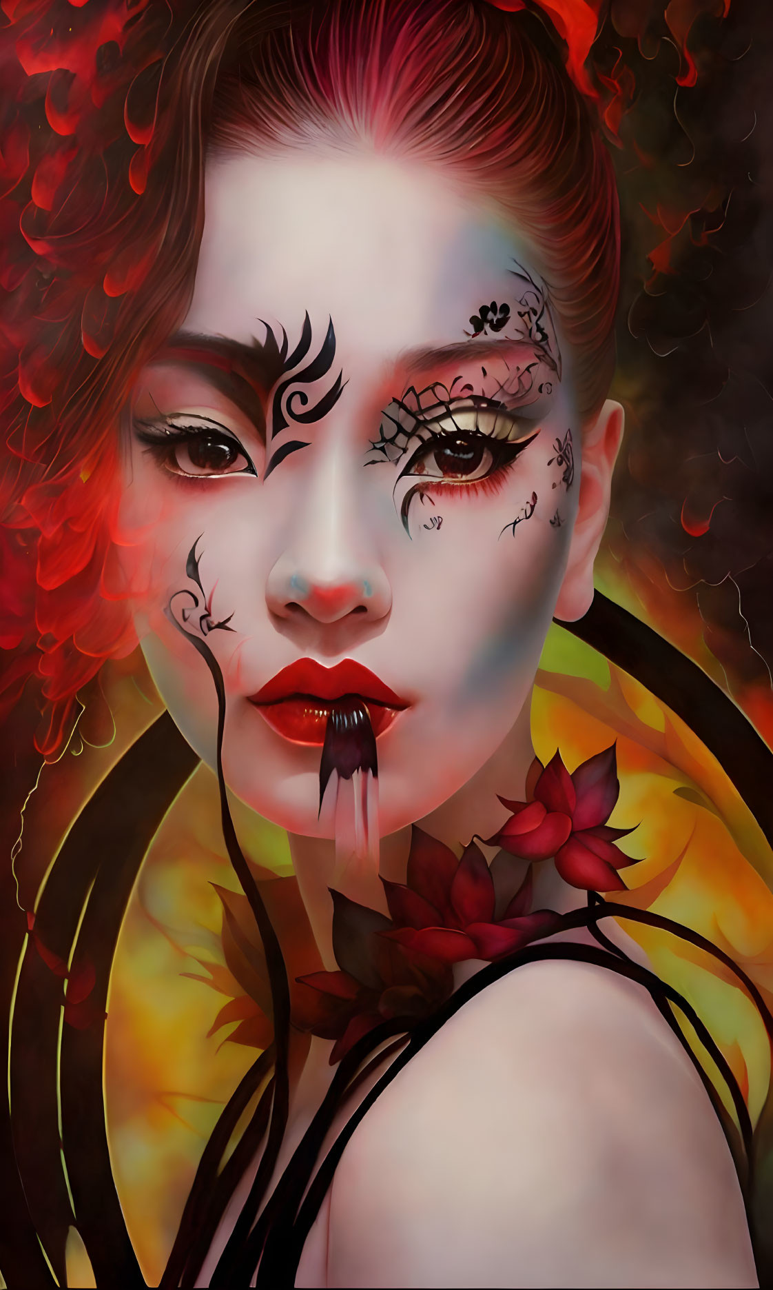 Digital artwork of woman with face tattoos, red hair, flower, fiery backdrop