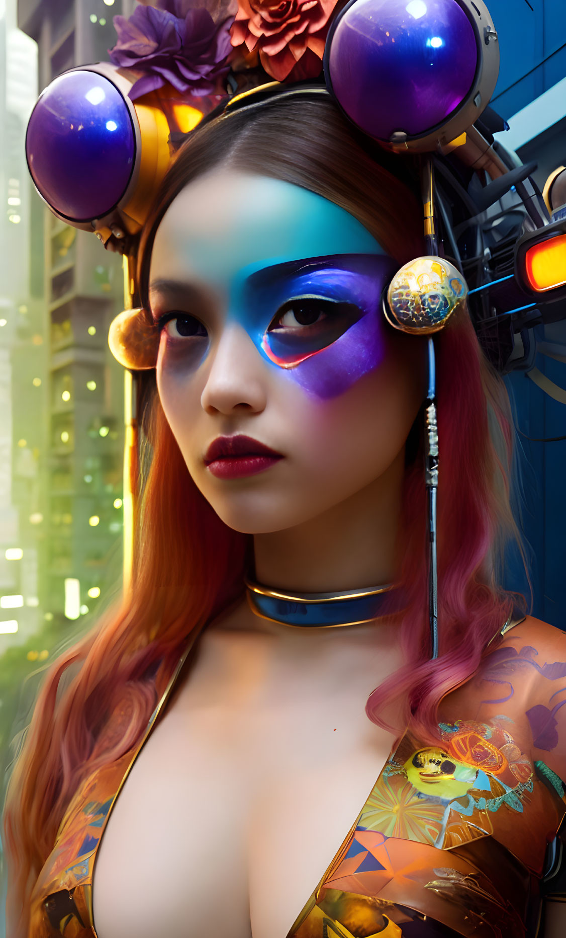 Colorful makeup woman with spherical accessories in urban backdrop